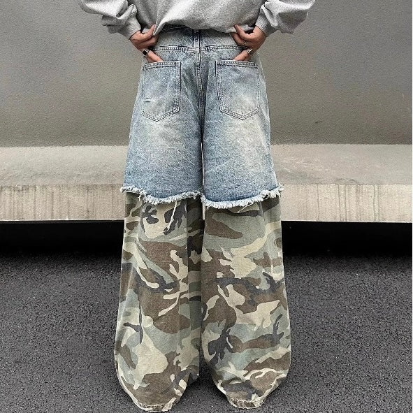 カモフラージュ切替デニム ワイドパンツ ストリート系 SS-000342