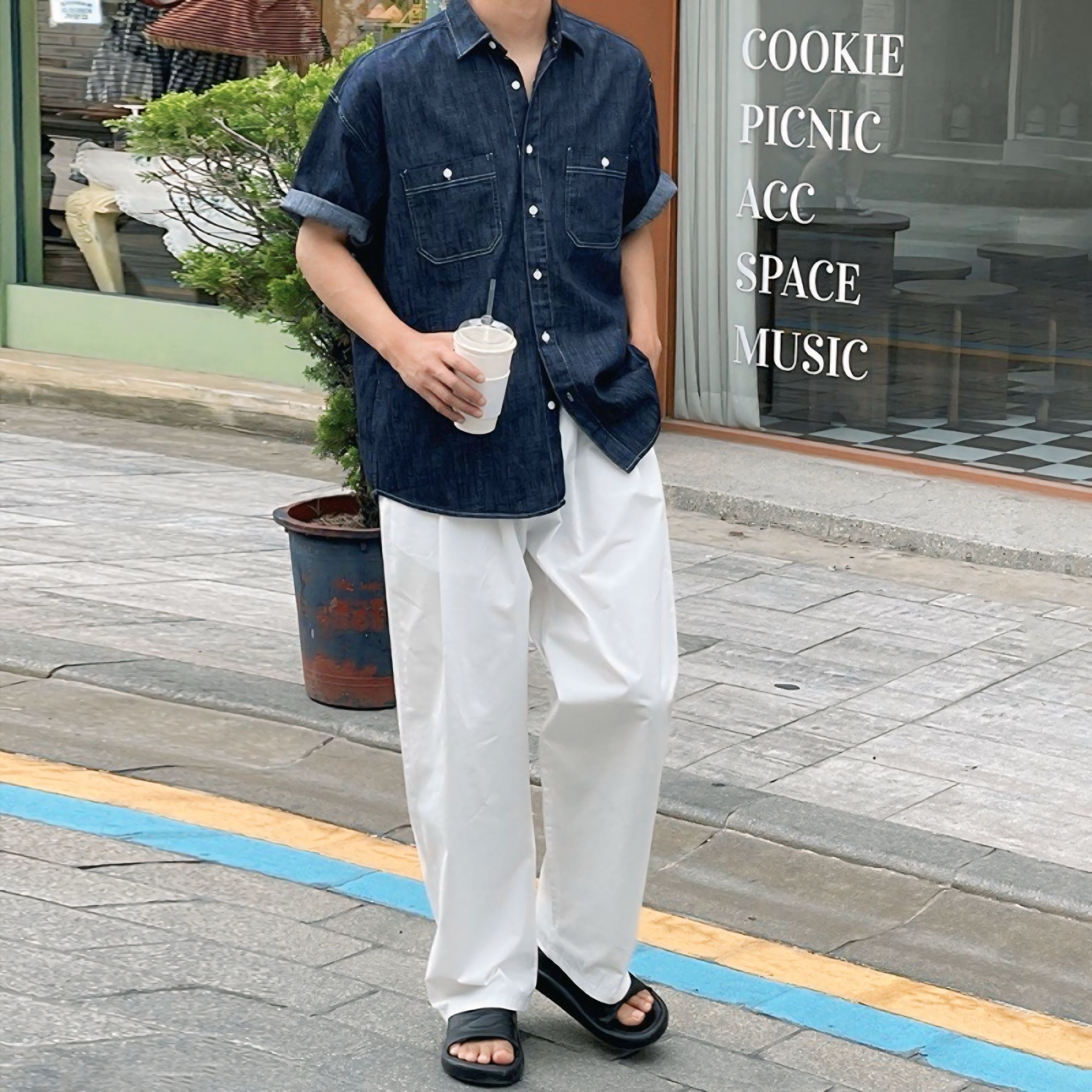 【2color】 ダブルポケット付き半袖デニム風シャツ SS-000129