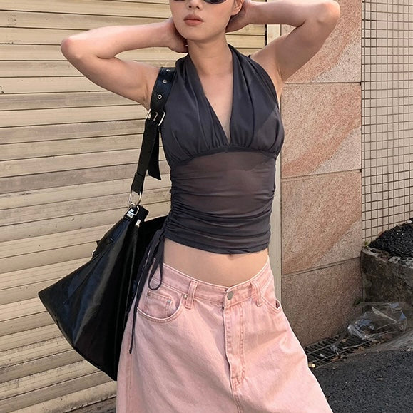 【2color】ブラックメッシュホルタートップス|夏の肌見せコーデ SS-000269