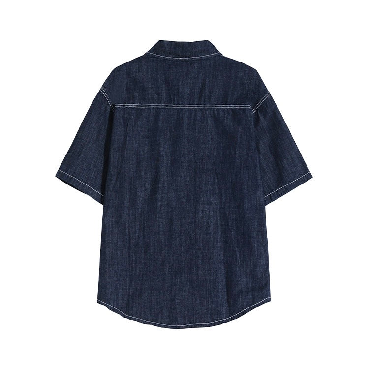 【2color】 ダブルポケット付き半袖デニム風シャツ SS-000129