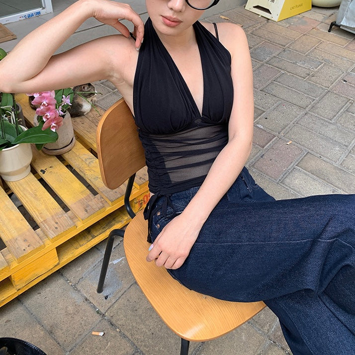 【2color】ブラックメッシュホルタートップス|夏の肌見せコーデ SS-000269