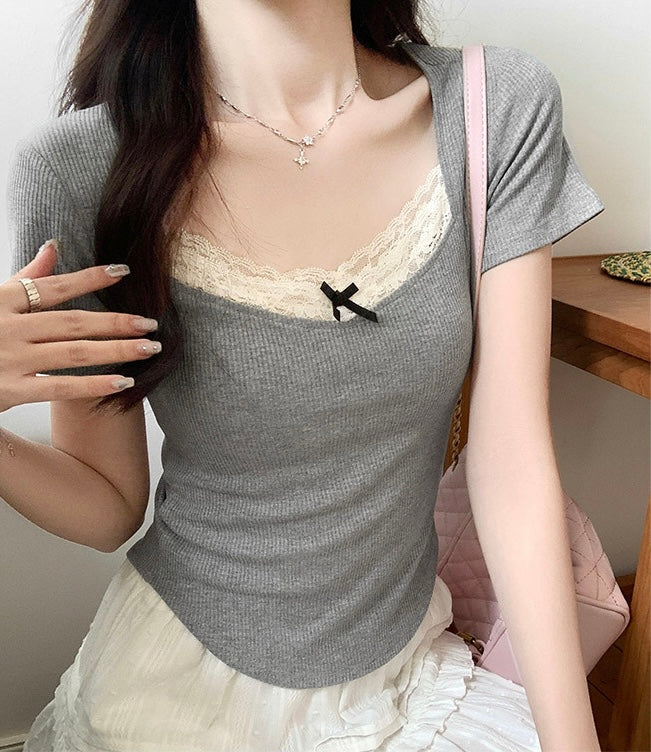 【2color】リボン付きスクエアネックカットソー SS-000196