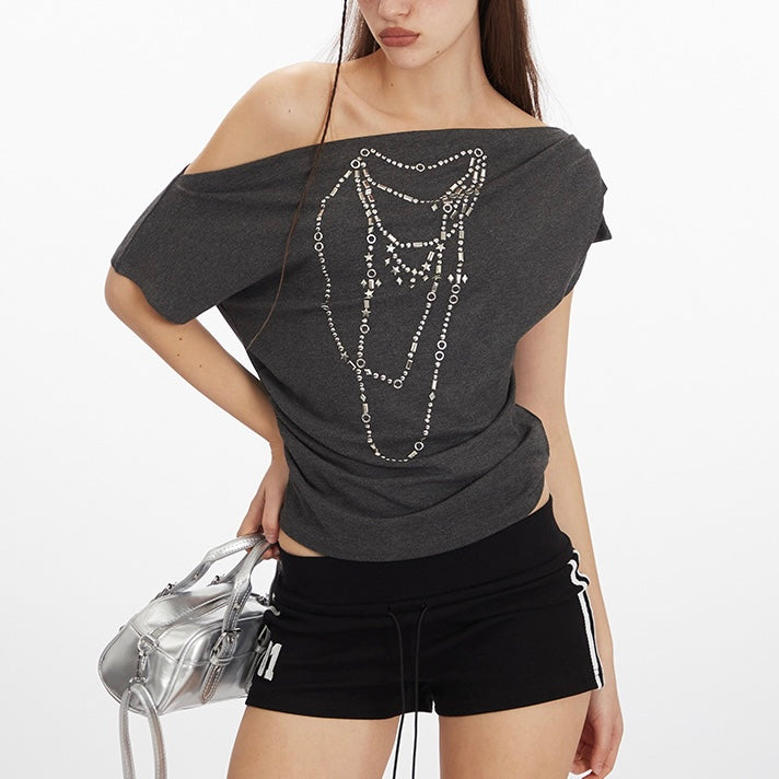 ビジュー風チェーン柄Tシャツ|ワンショルダー SS-000279