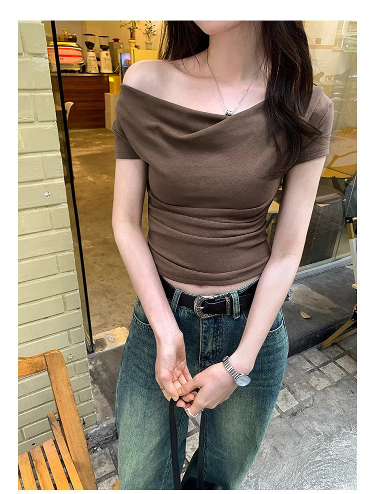 【5color】フェミニンカシュクール半袖トップス|韓国風きれいめタイトTシャツ SS-000240