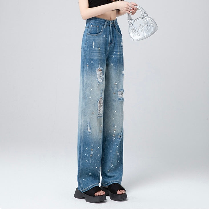 ダメージ刺繍デニムワイドパンツ SS-000561