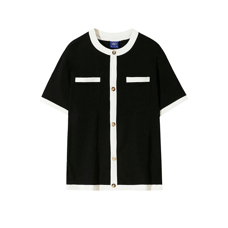 【2color】モノトーン配色 カーデ風Tシャツ SS-000126