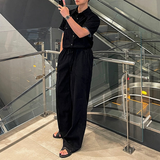 ブラック半袖シャツ×ワイドパンツ セットアップ SS-000542