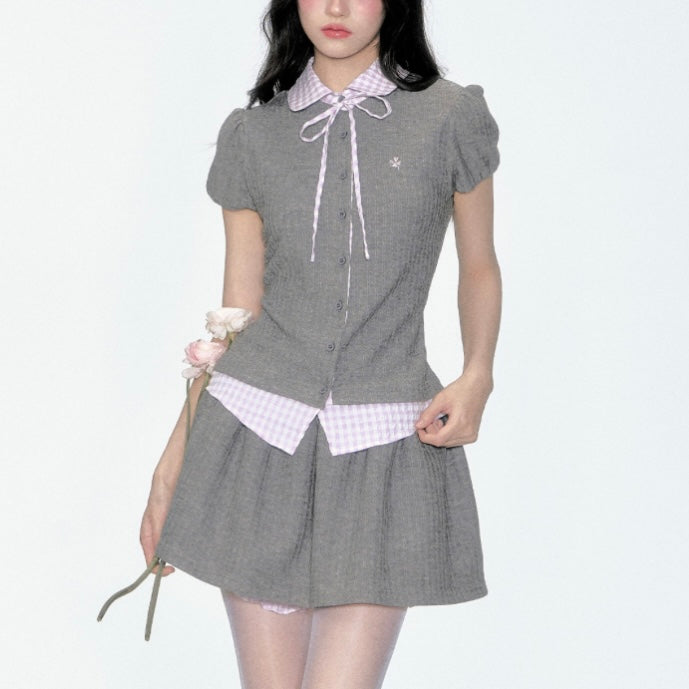 【2color】韓国風リボンセットアップワンピース チェック切り替え大人ガーリー SS-000223