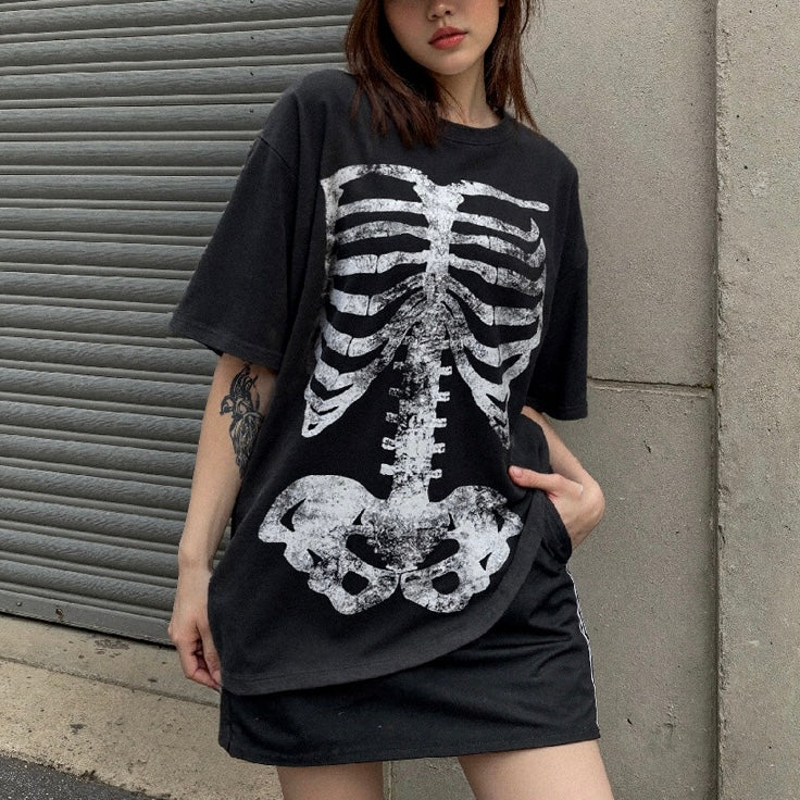 スケルトンプリントTシャツ ユニセックス オーバーサイズ ストリート系 SS-000333