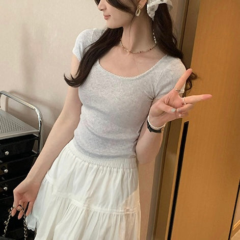 【2color】スクエアネックリブトップス フレンチスリーブ シンプル美シルエット 夏 ガーリーカジュアルTシャツ SS-000250