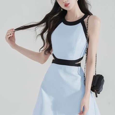 【2color】ハイウエスト切り替えミニワンピース セクシー韓国ファッション SS-000217
