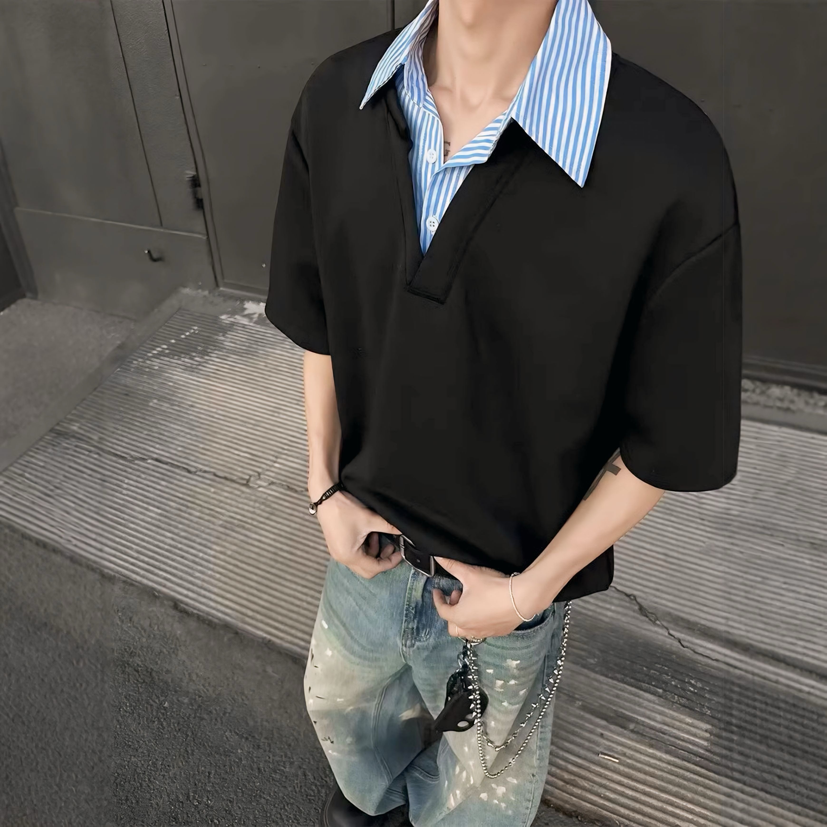 【2color】レイヤード風ストライプシャツ付きTシャツ SS-000148