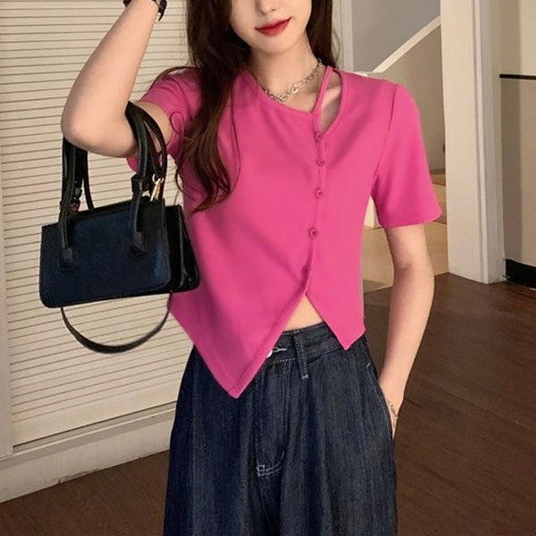【2color】アシメボタンデザインショートカーデトップス –美シルエットTシャツ 韓国風カジュアル 半袖 SS-000249