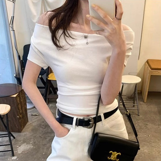 【5color】フェミニンカシュクール半袖トップス|韓国風きれいめタイトTシャツ SS-000240