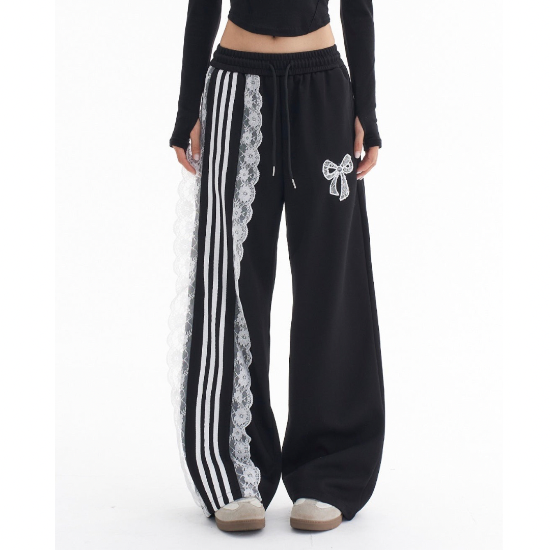 【2color】韓国風リボンレースラインワイドパンツ モード系 映えボトムス SS-000228