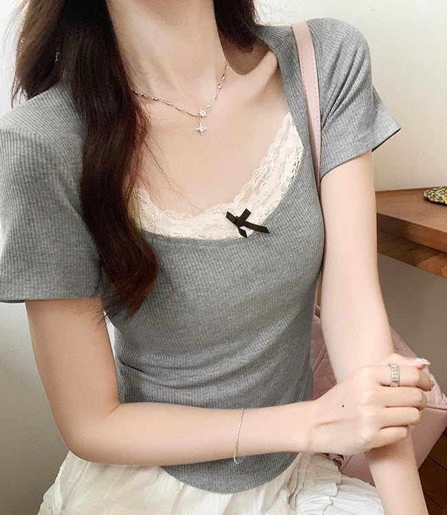 【2color】リボン付きスクエアネックカットソー SS-000196