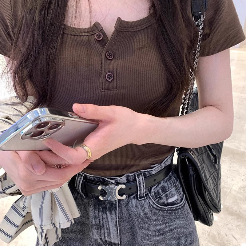 【4color】クロップドリブTシャツ レディース 夏 スクエアネック ヘンリーネック風ボタン付き SS-000253
