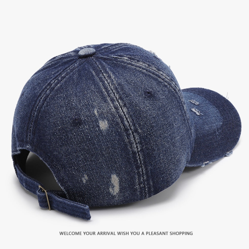 ダメージ加工デニムキャップ|ロゴ刺繍入りヴィンテージ風帽子 SS-000303