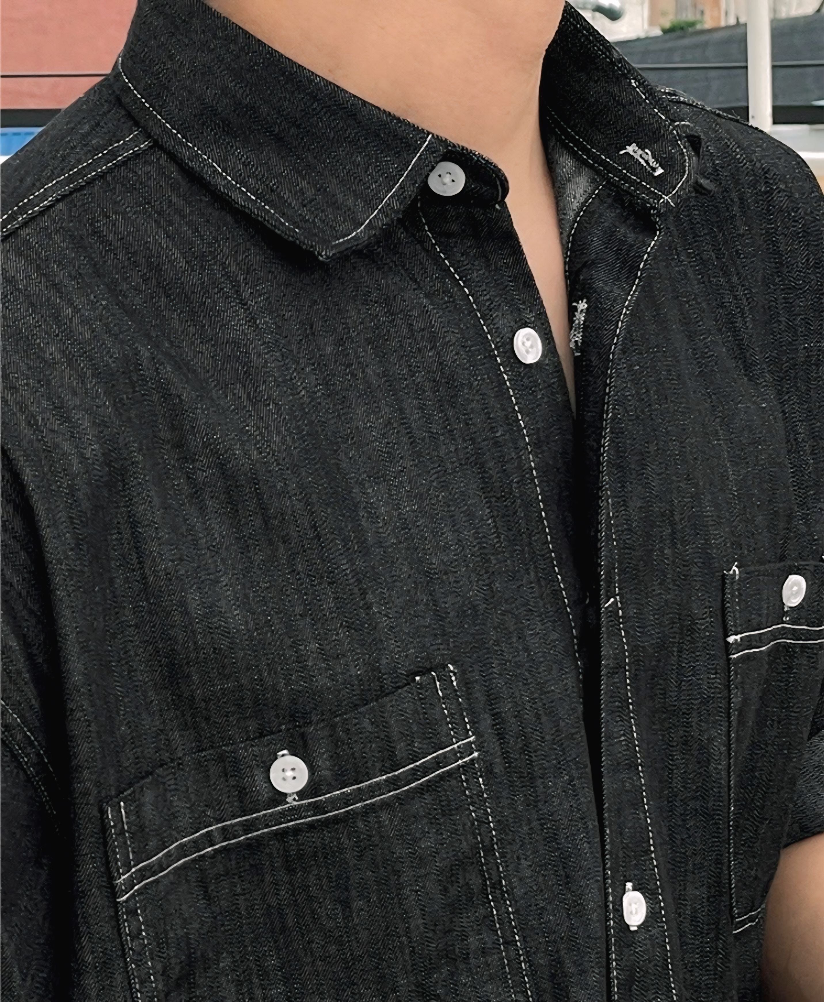 【2color】 ダブルポケット付き半袖デニム風シャツ SS-000129