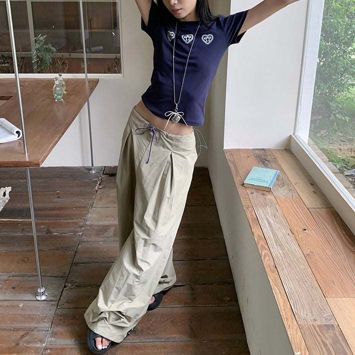 ハート刺繍×リボン入りネイビーフィットTシャツ SS-000273