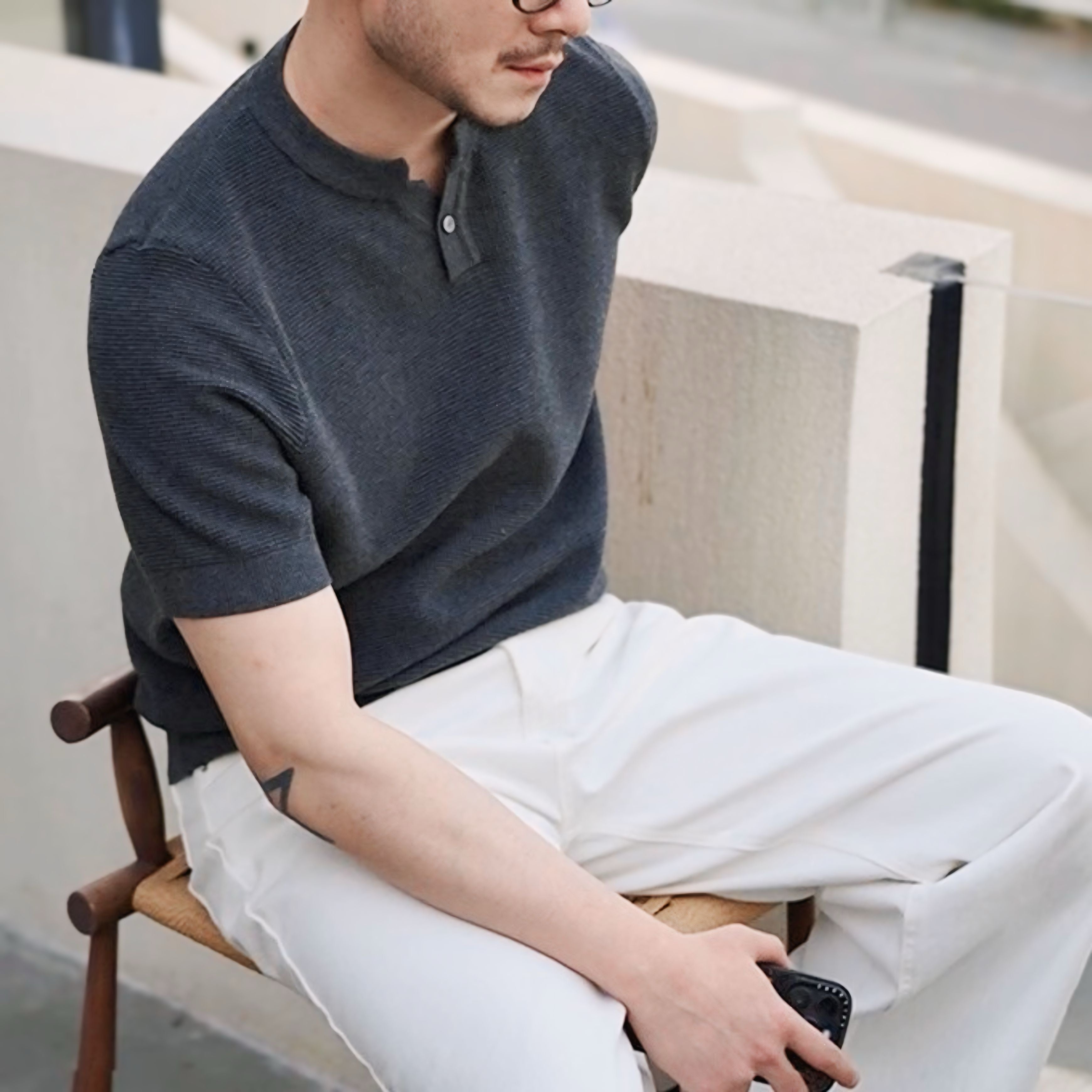 【4color】上質コットンのバンドカラー半袖ニットポロ SS-000144