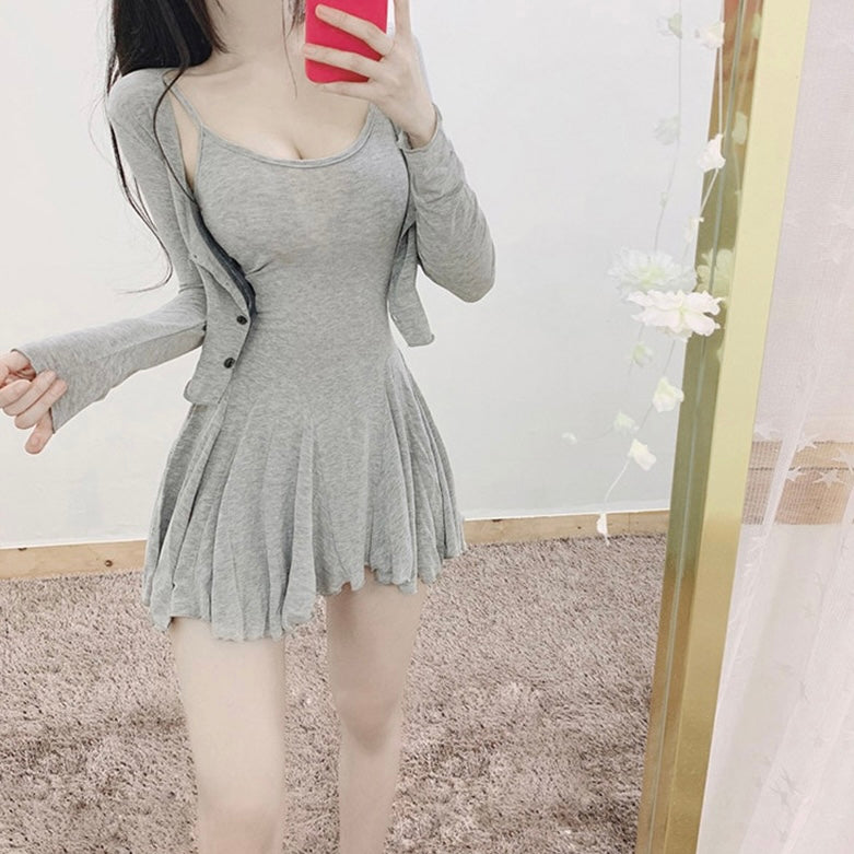 【3color】フェミニンセットアップ|キャミソールワンピ×薄手カーデ SS-000243