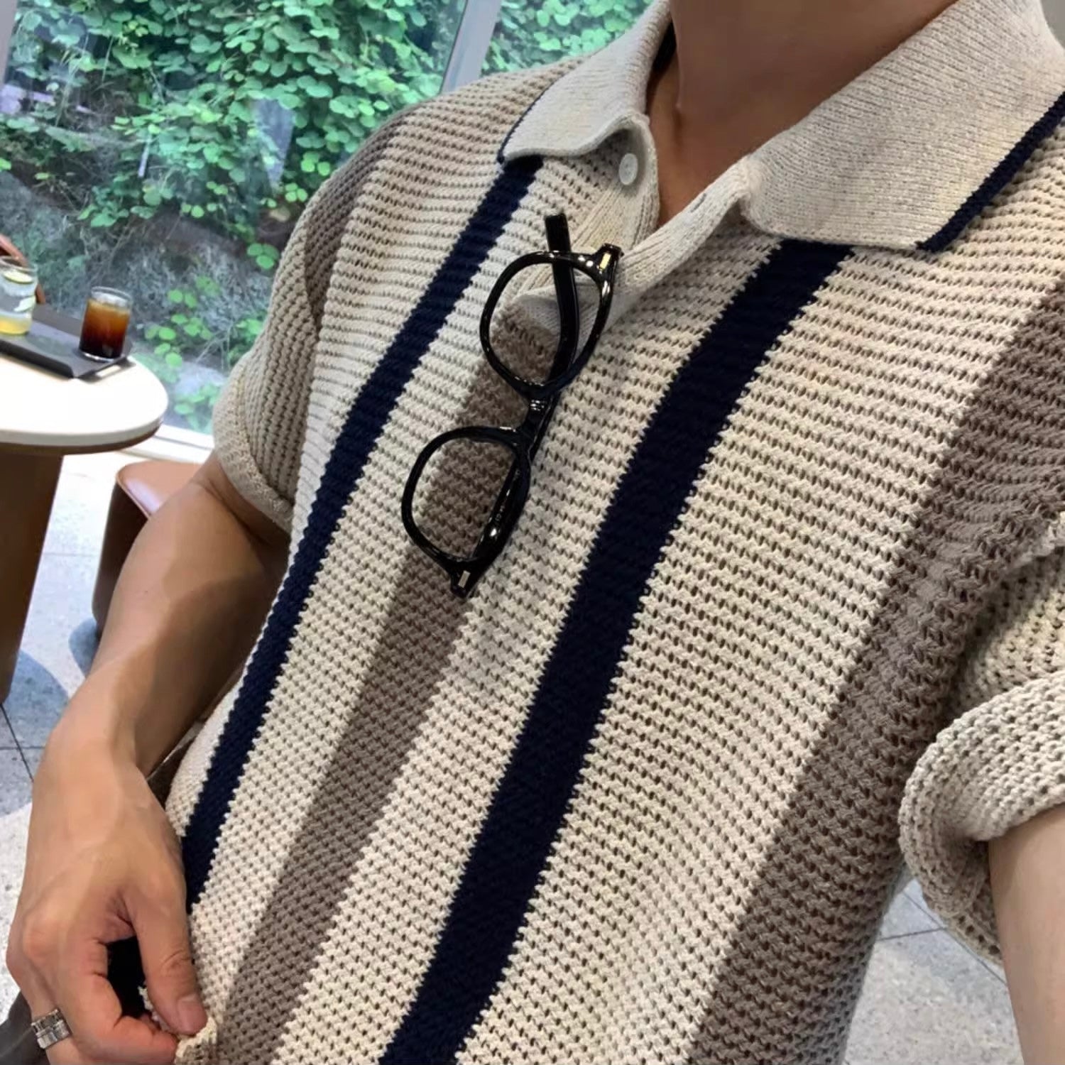 【2color】ボーダーライン入り半袖ポロニット SS-000140