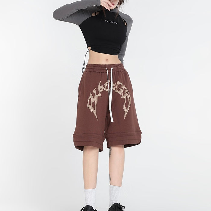 【2color】アーチロゴスウェットハーフパンツ ストリート系ショーツ ユニセックス SS-000315