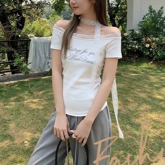 レース付き オフショル Tシャツ SS-000388