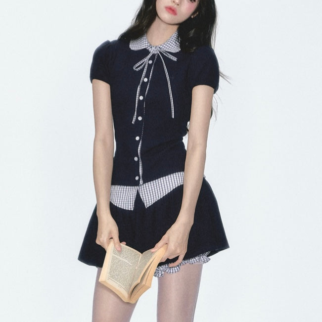 【2color】韓国風リボンセットアップワンピース チェック切り替え大人ガーリー SS-000223
