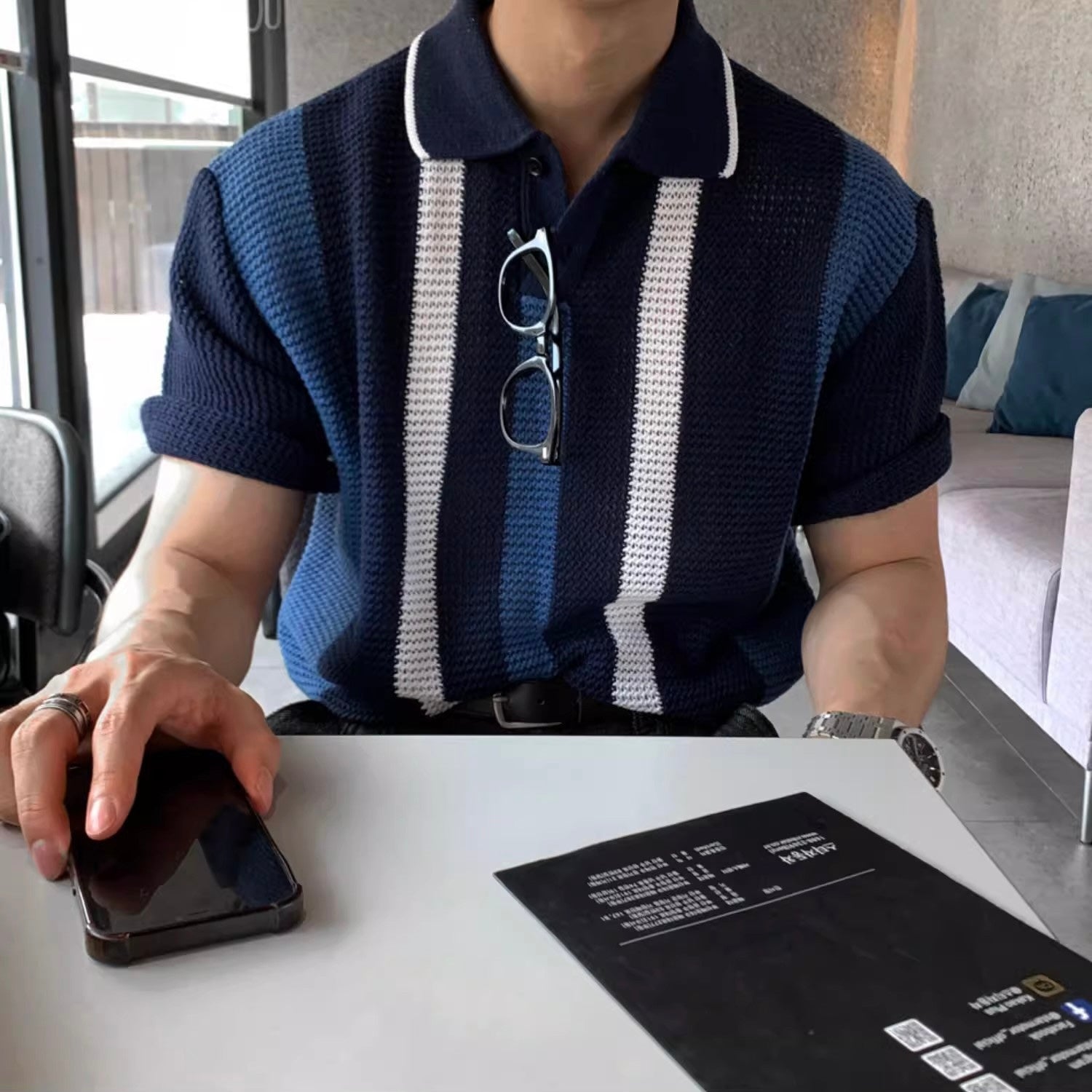 【2color】ボーダーライン入り半袖ポロニット SS-000140
