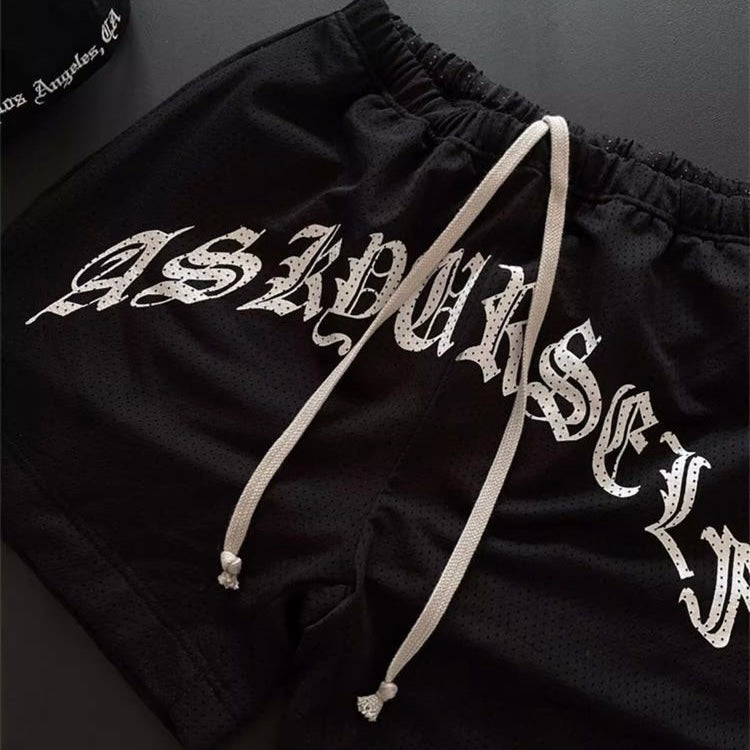 ロゴ入りメッシュハーフパンツ|黒 ストリート系ショーツ SS-000313