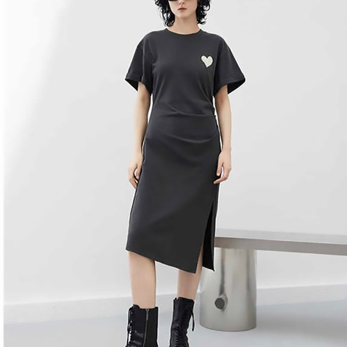 黒ハートワンピース|スリットデザイン×シンプル可愛いTシャツワンピ SS-000235