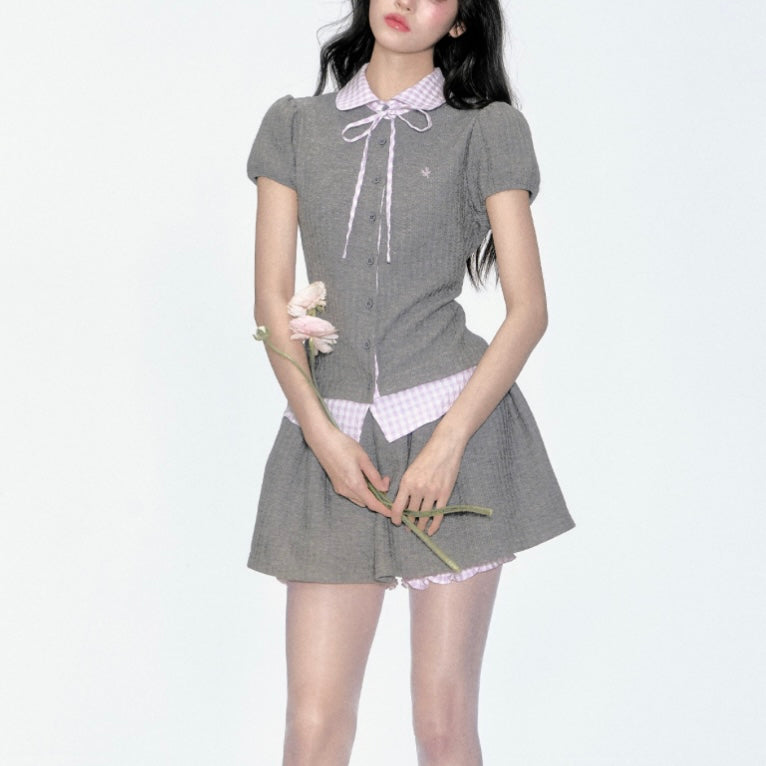【2color】韓国風リボンセットアップワンピース チェック切り替え大人ガーリー SS-000223