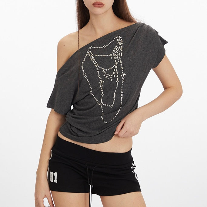 ビジュー風チェーン柄Tシャツ|ワンショルダー SS-000279