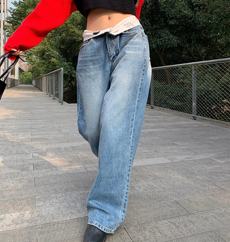 ゆるストレートデニムパンツ|腰履き風ローライズ&ヴィンテージブルー SS-000265