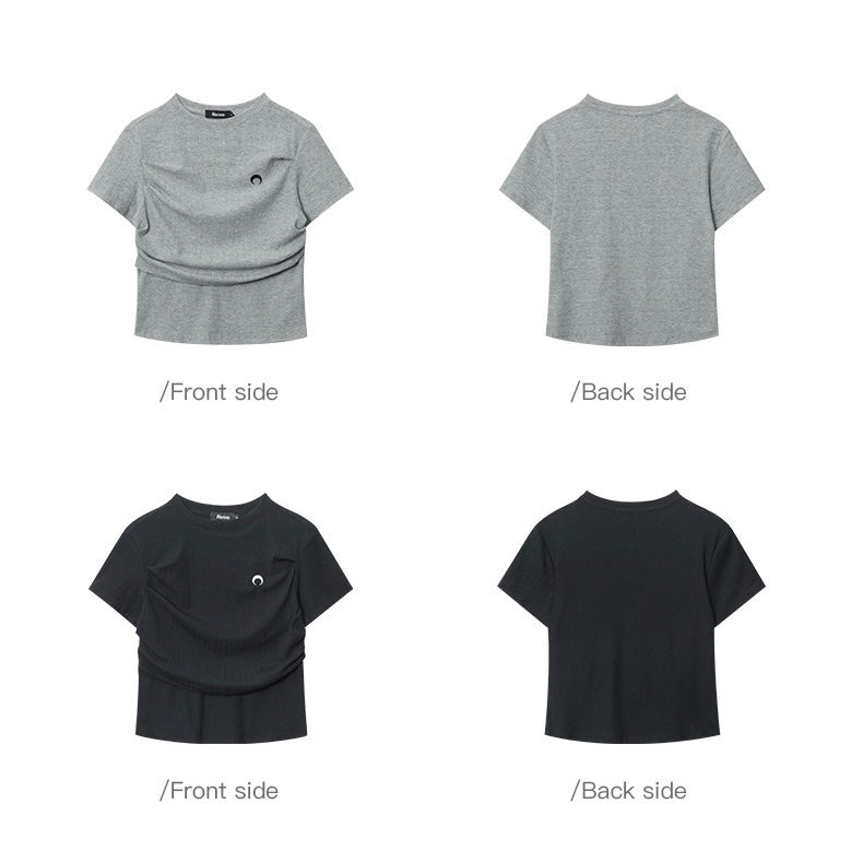 【2color】片側ギャザー入りミニマルTシャツ|モード感ある韓国風フィットトップス SS-000282
