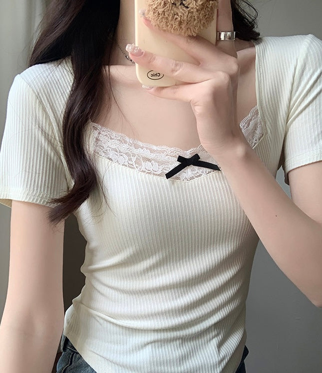 【2color】リボン付きスクエアネックカットソー SS-000196