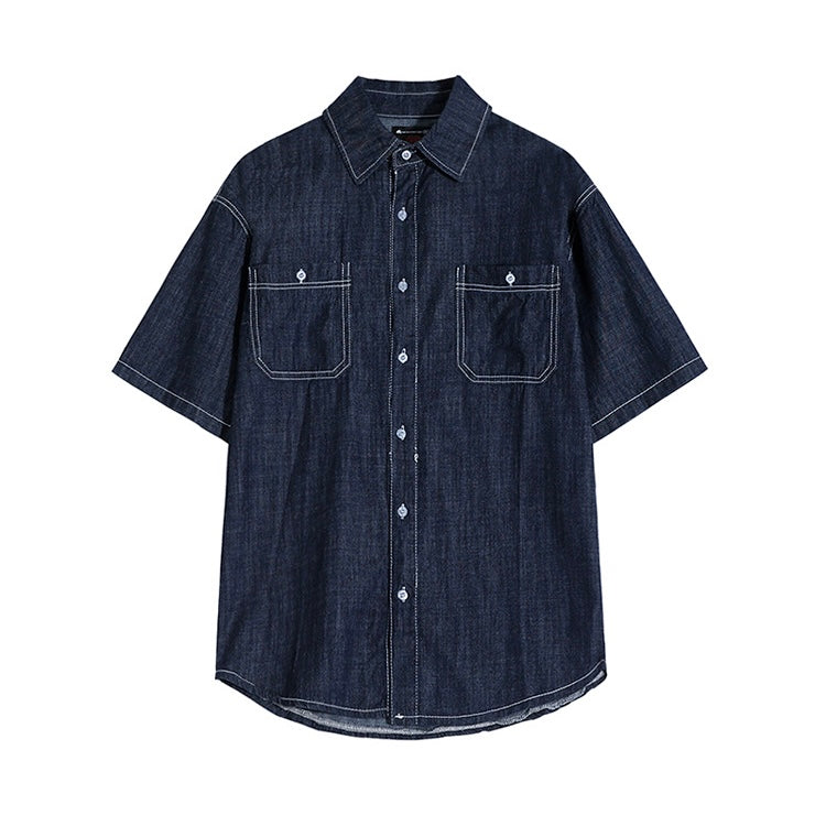 【2color】 ダブルポケット付き半袖デニム風シャツ SS-000129