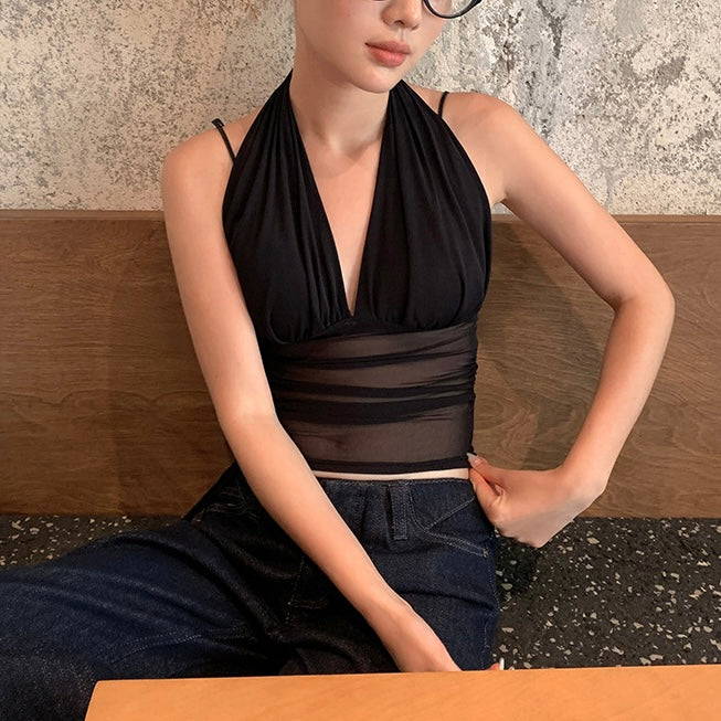 【2color】ブラックメッシュホルタートップス|夏の肌見せコーデ SS-000269