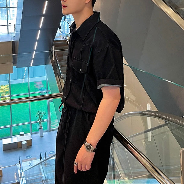 ブラック半袖シャツ×ワイドパンツ セットアップ SS-000542