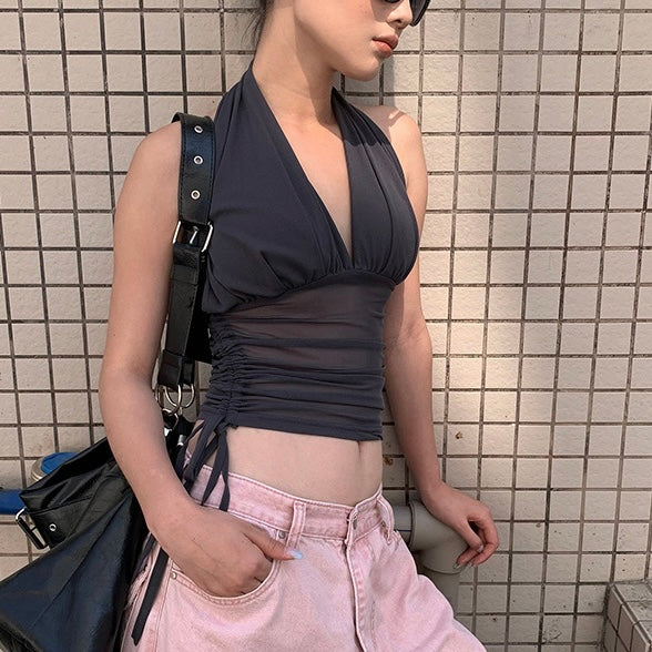 【2color】ブラックメッシュホルタートップス|夏の肌見せコーデ SS-000269