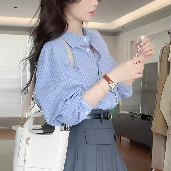 トレンド感満載ブルーストライプシャツ|大人女子のきれいめファッション SS-000237