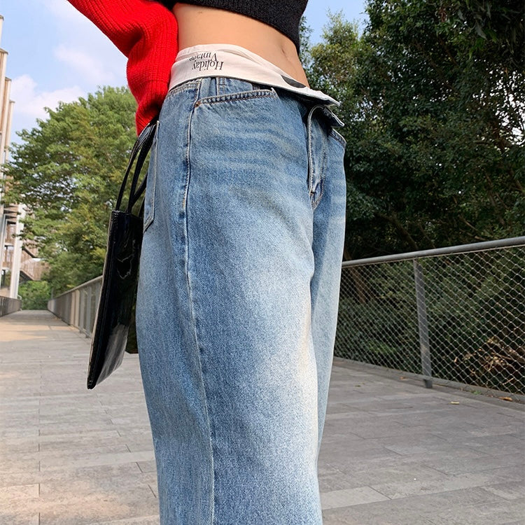 ゆるストレートデニムパンツ|腰履き風ローライズ&ヴィンテージブルー SS-000265
