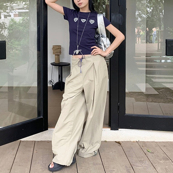 ハート刺繍×リボン入りネイビーフィットTシャツ SS-000273