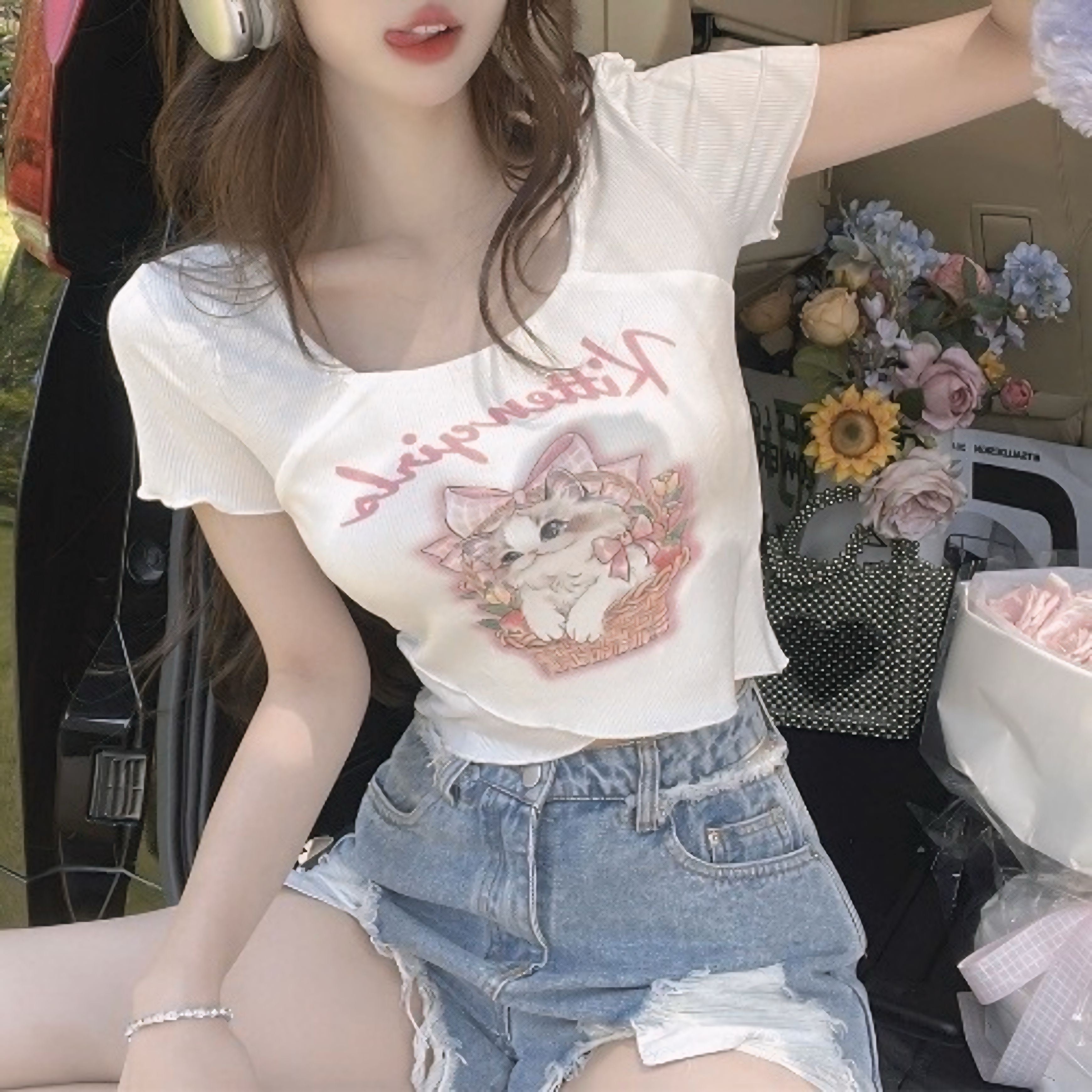 【2color】リブ素材 バスケットキャット柄Tシャツ SS-000178