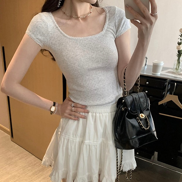 【2color】スクエアネックリブトップス フレンチスリーブ シンプル美シルエット 夏 ガーリーカジュアルTシャツ SS-000250