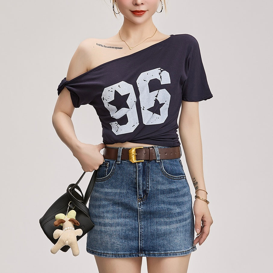 【2color】オフショルダー96プリントTシャツ 韓国トレンド スポーツミック SS-000222