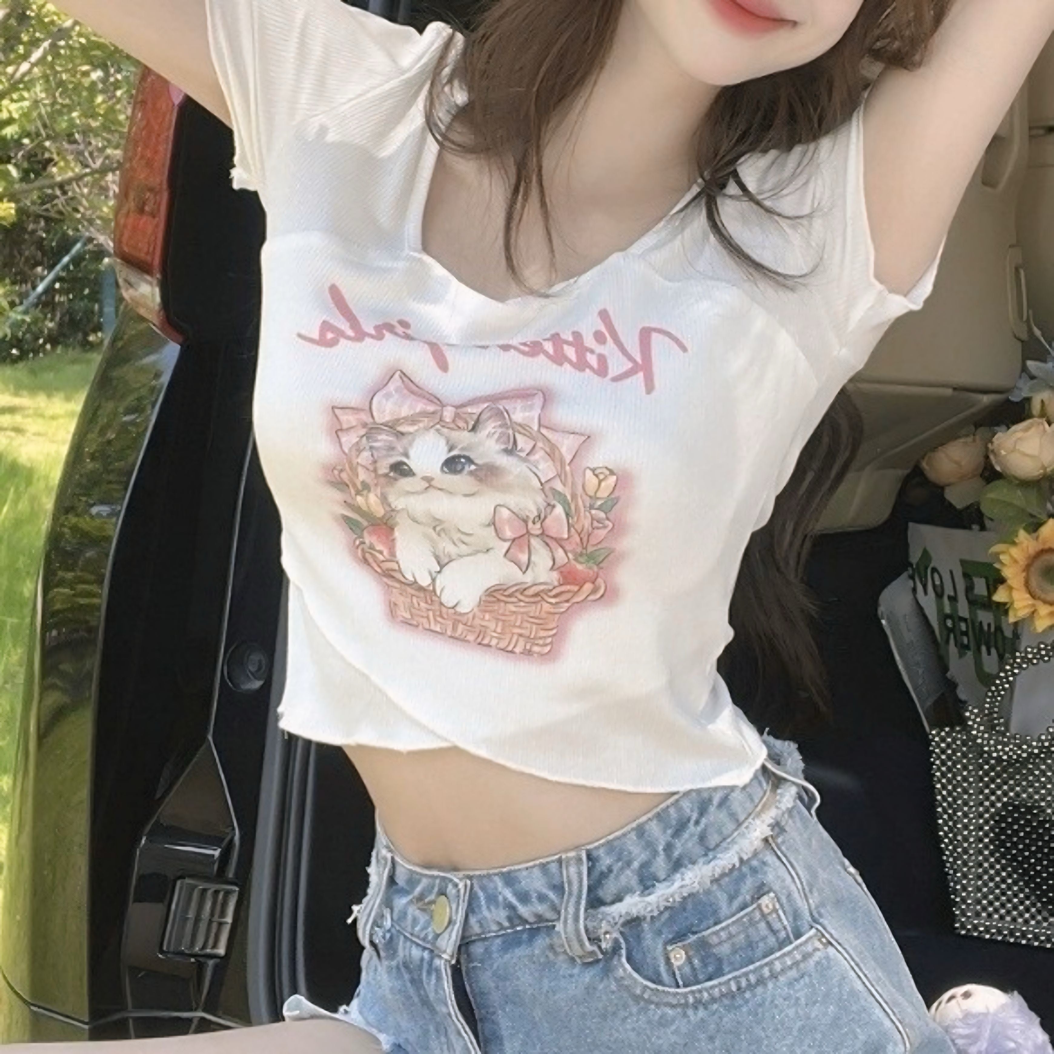 【2color】リブ素材 バスケットキャット柄Tシャツ SS-000178