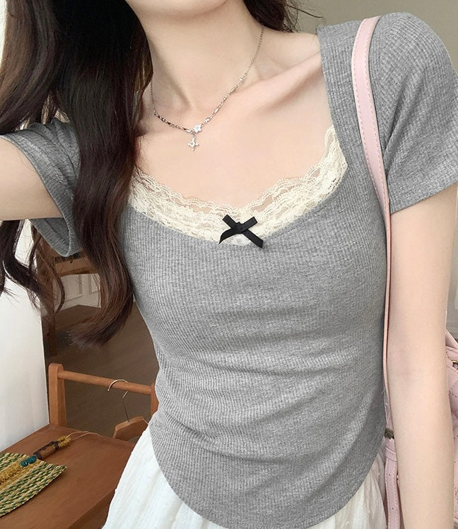 【2color】リボン付きスクエアネックカットソー SS-000196